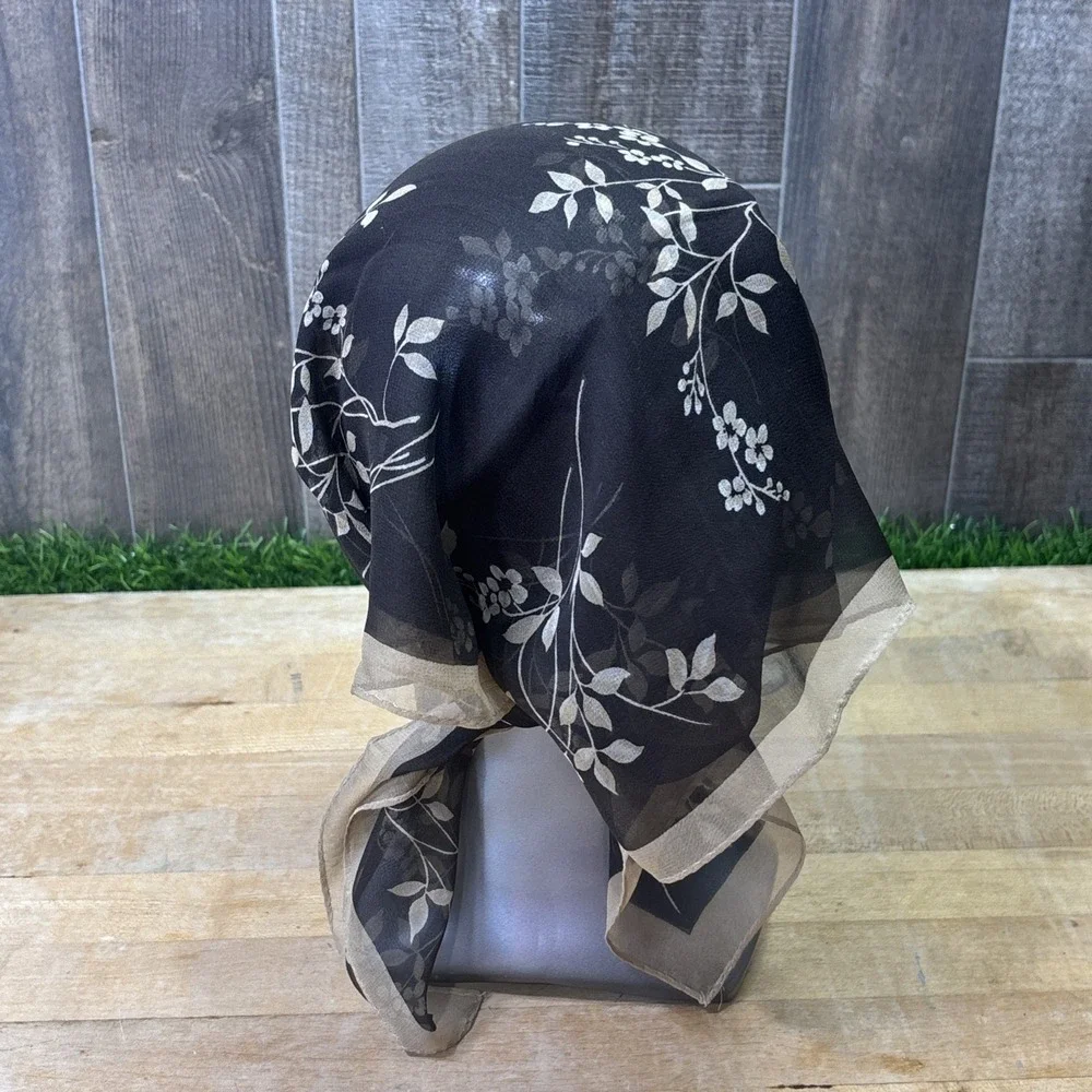 Vintage Casual Corner 100% Silk Head Scarf Floral Sheer Brown Hair Wrap